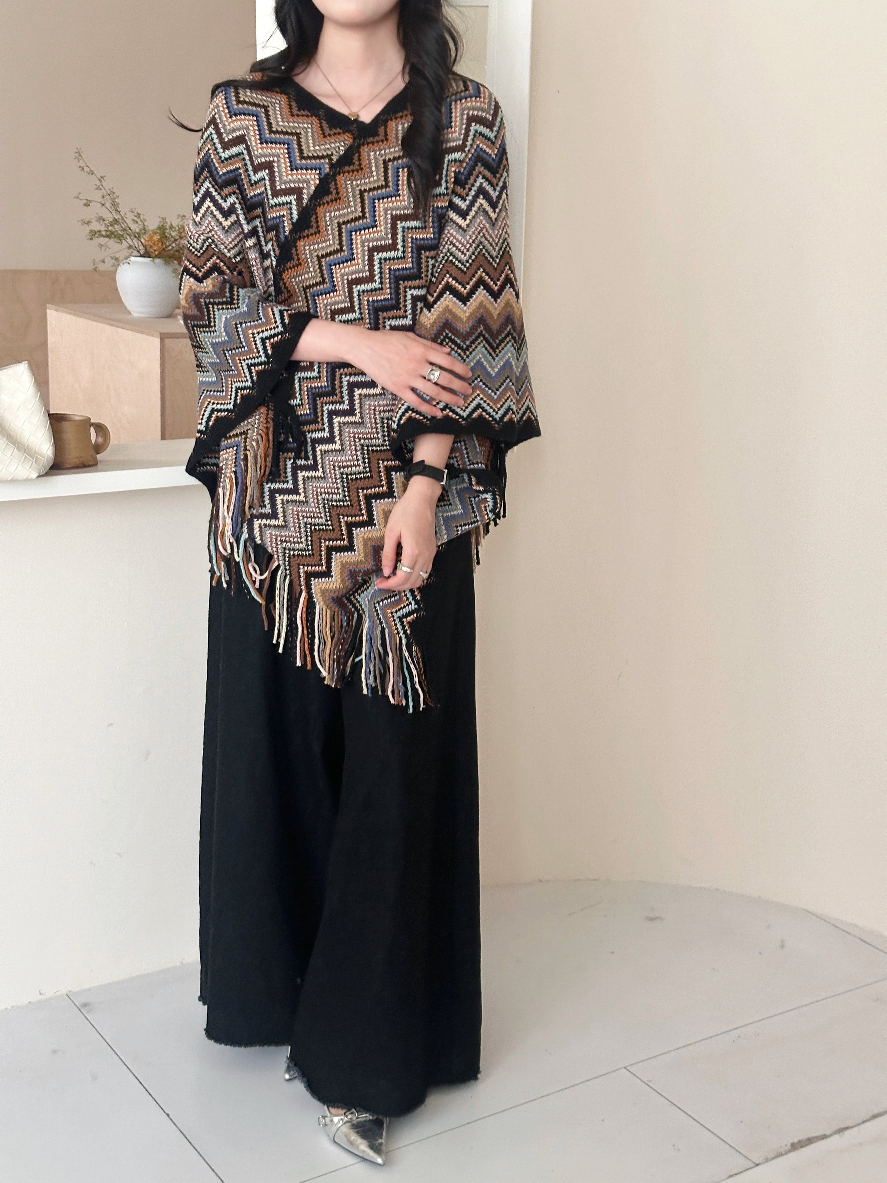 Kai Zig Zag Chevron Knitted Cape Brown