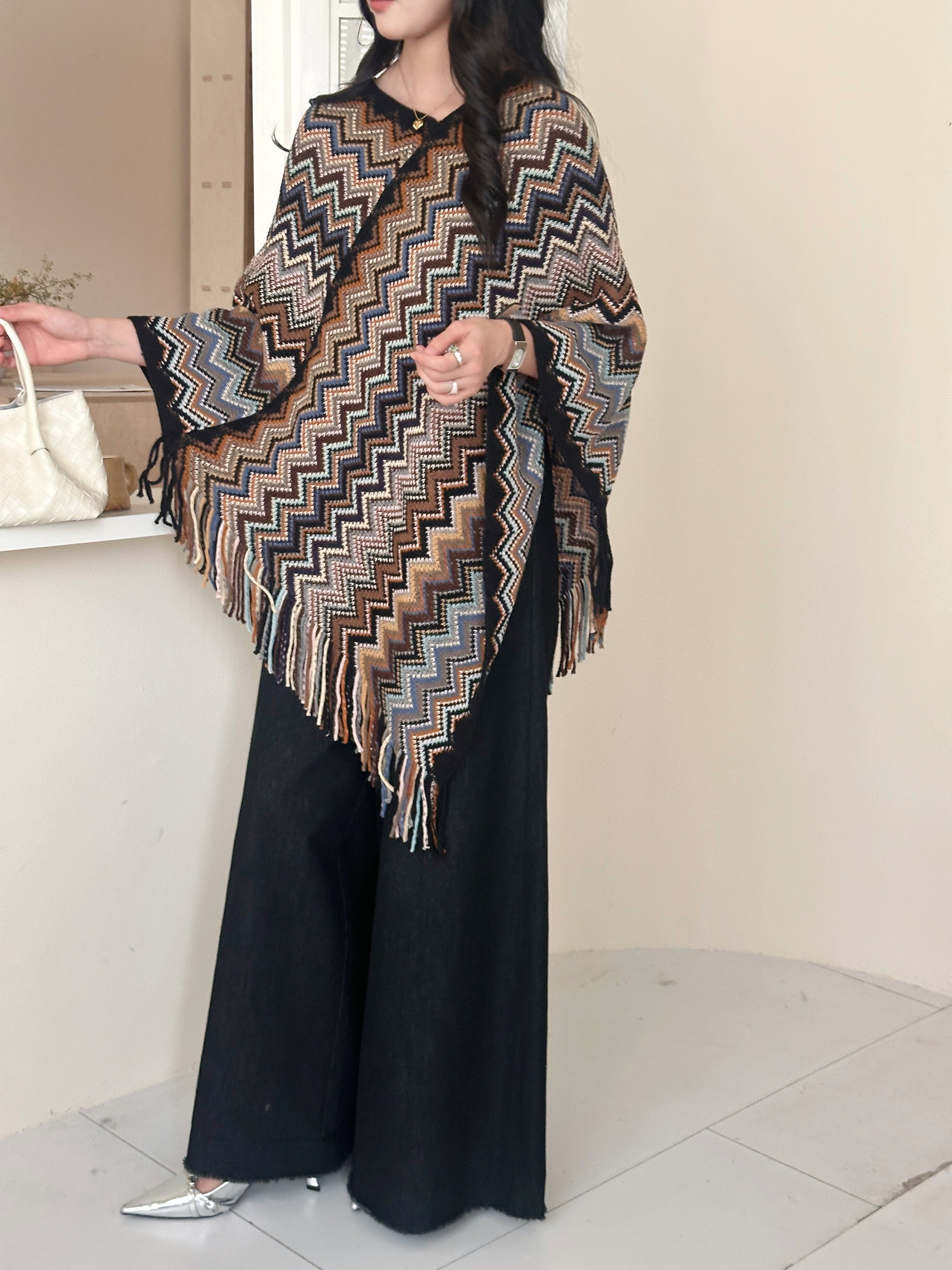 Kai Zig Zag Chevron Knitted Cape Brown