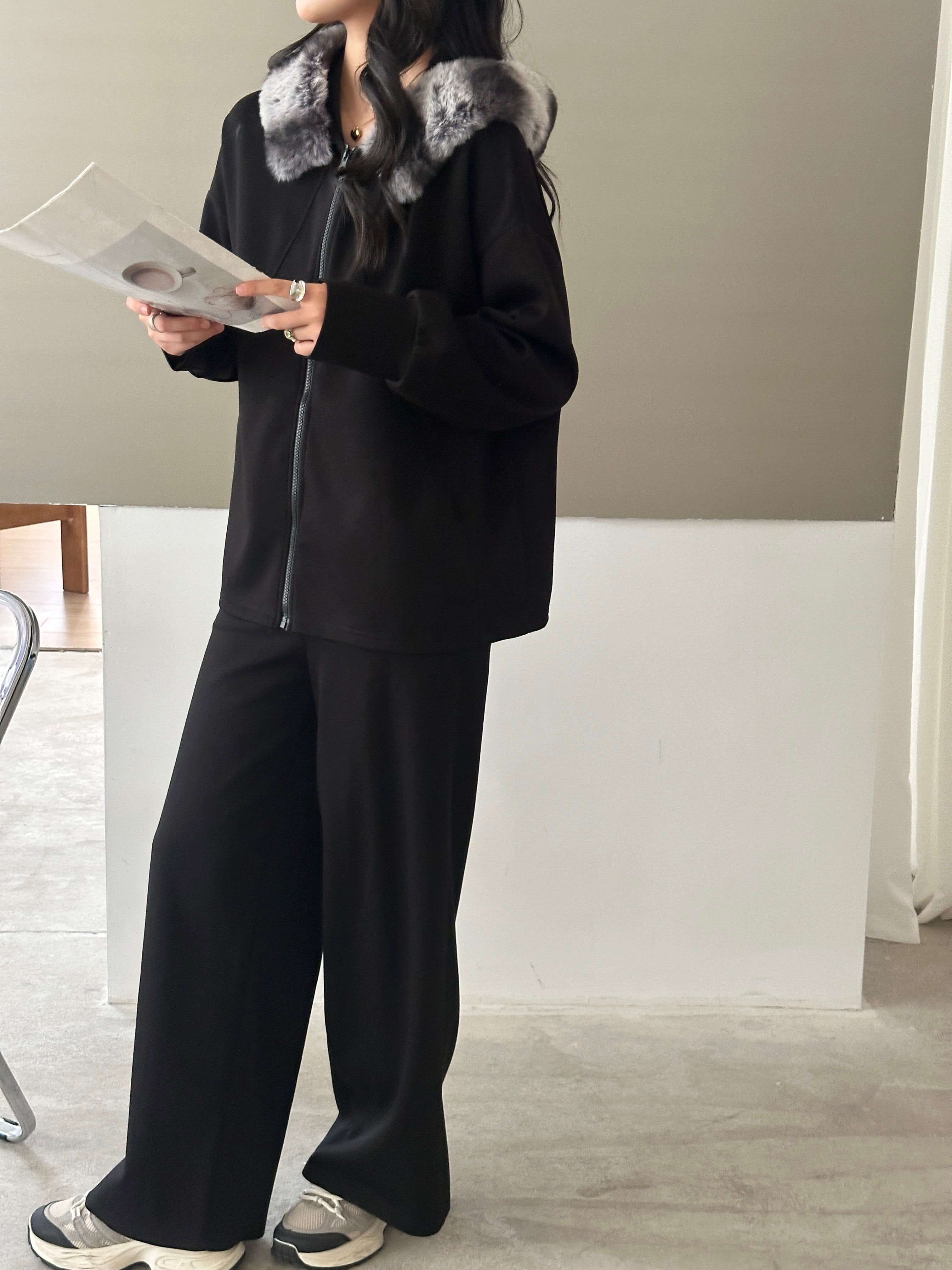 Erin Modal Suit Black with Faux Rabbit Hoodie