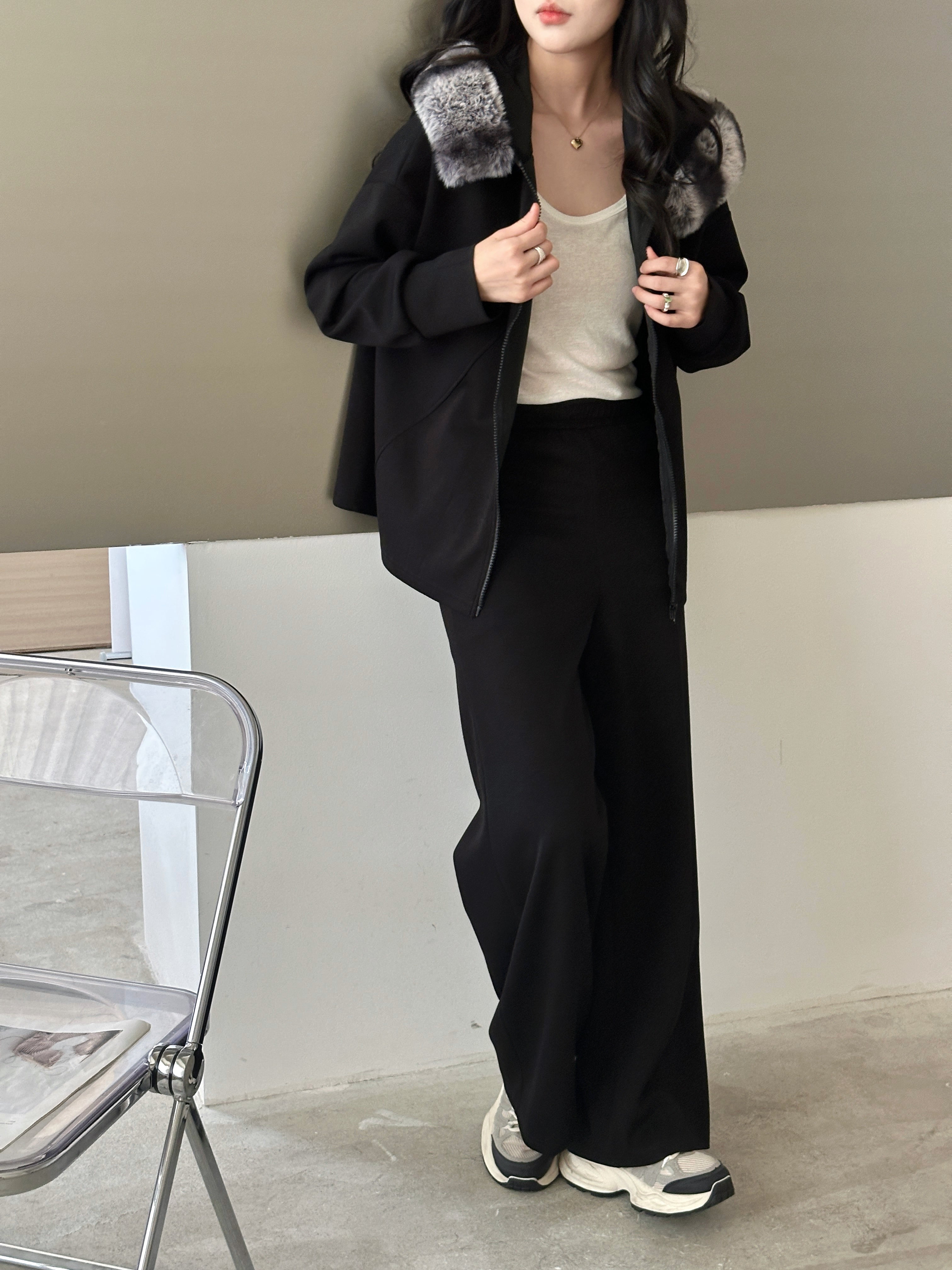 Erin Modal Suit Black with Faux Rabbit Hoodie