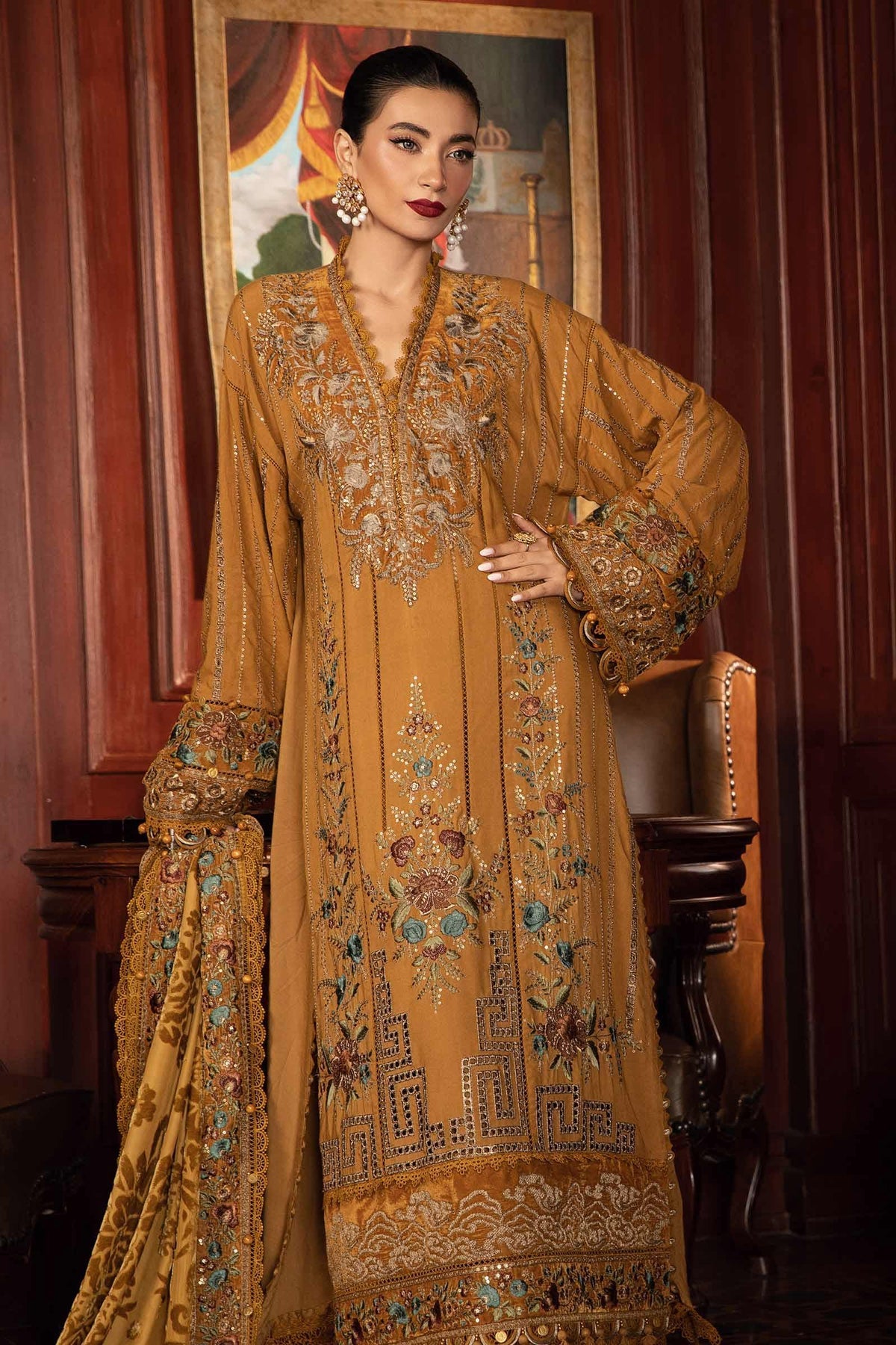 Maria B Winter Luxe collection 2024 - 3 Piece Unstitched Embroidered Twill Linen Suit | DL-1207